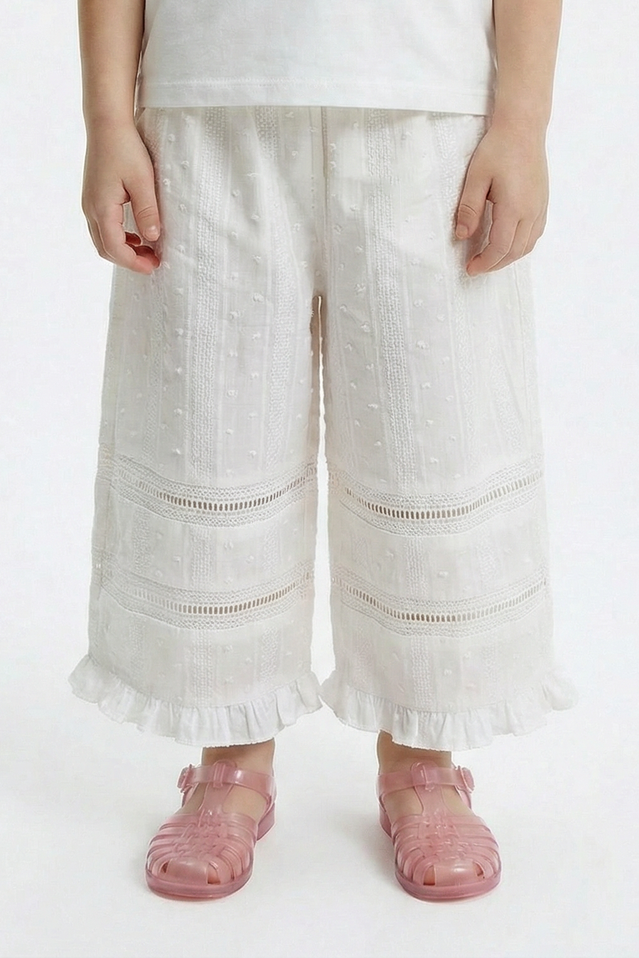 Kids - Cotton Lace Ruffle Trim Trousers - White