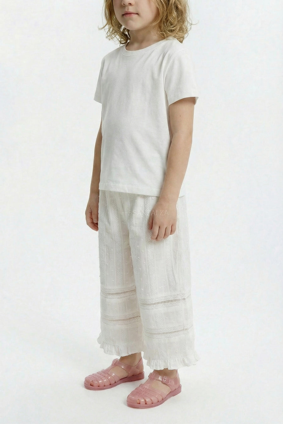 Kids - Cotton Lace Ruffle Trim Trousers - White