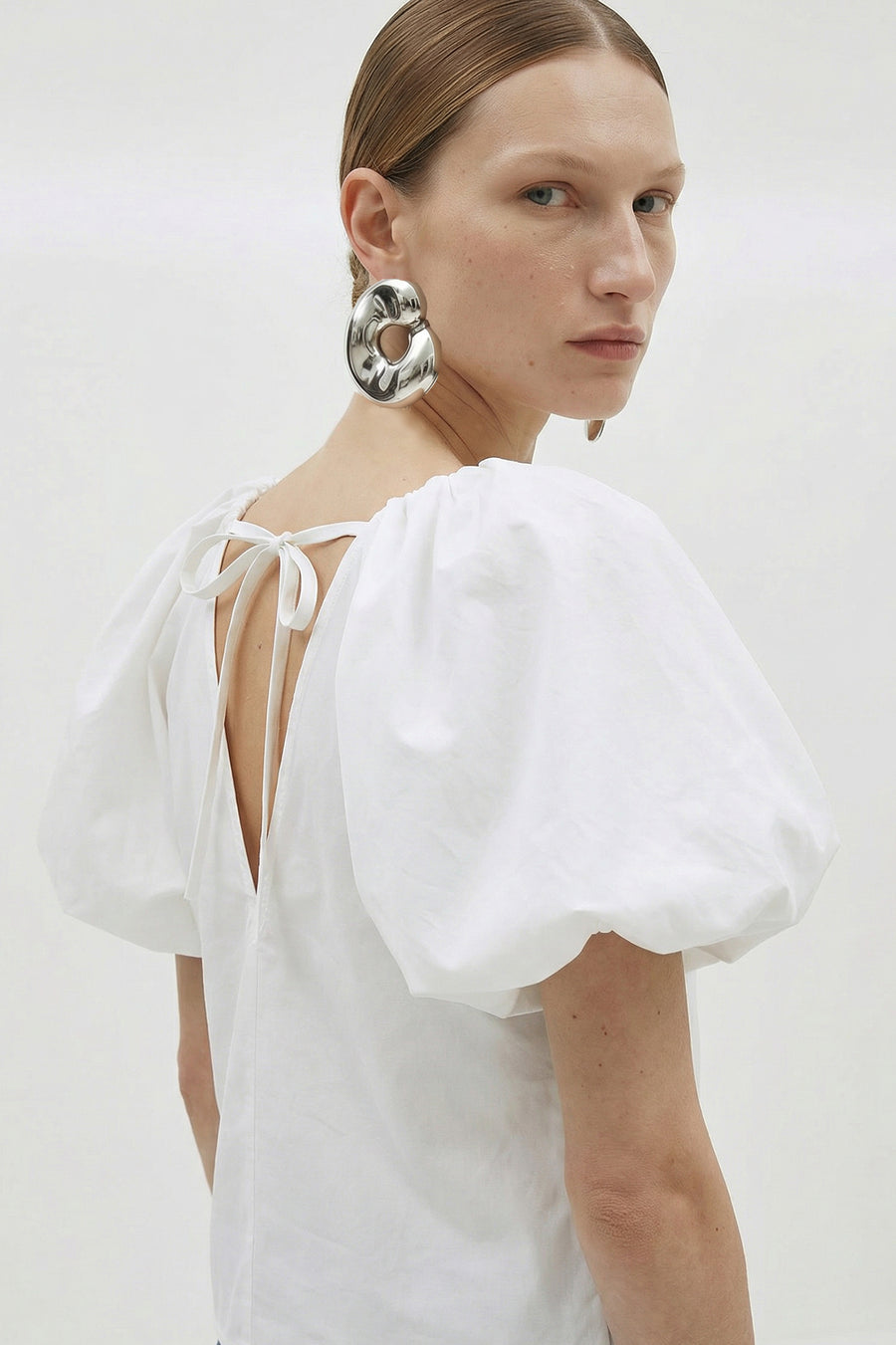 Square Neck Puff Sleeve Cotton Blouse - White