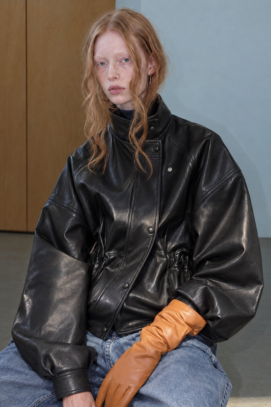 Double Collar Faux Leather Drawstring Waist Jacket