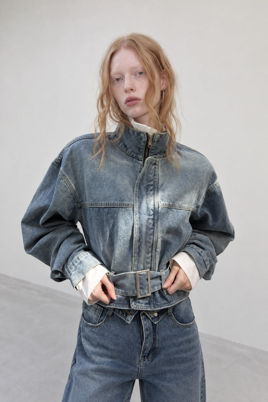 Cropped Washed Denim Jacket with Belted Waist