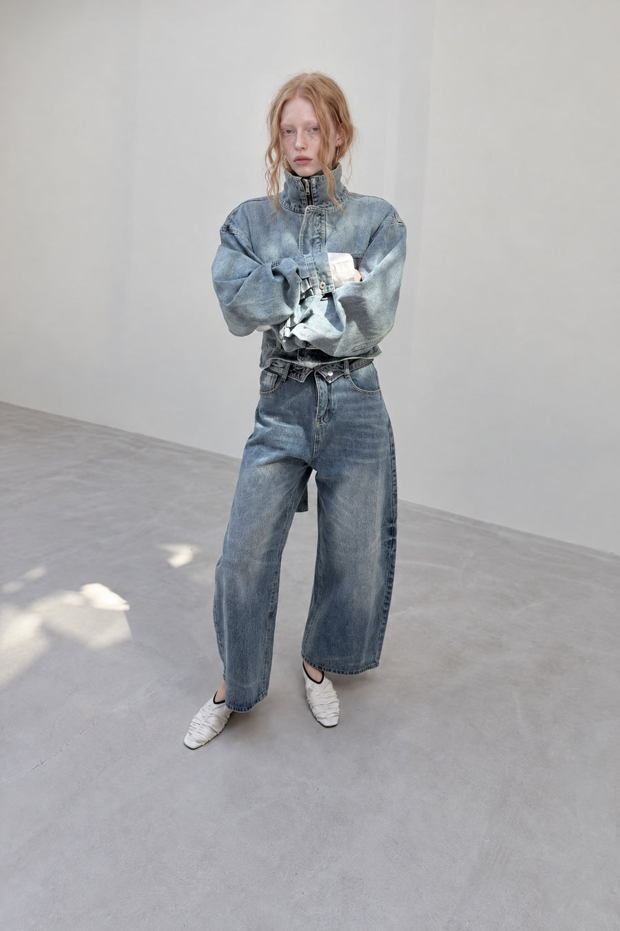 Cropped Washed Denim Jacket with Belted Waist