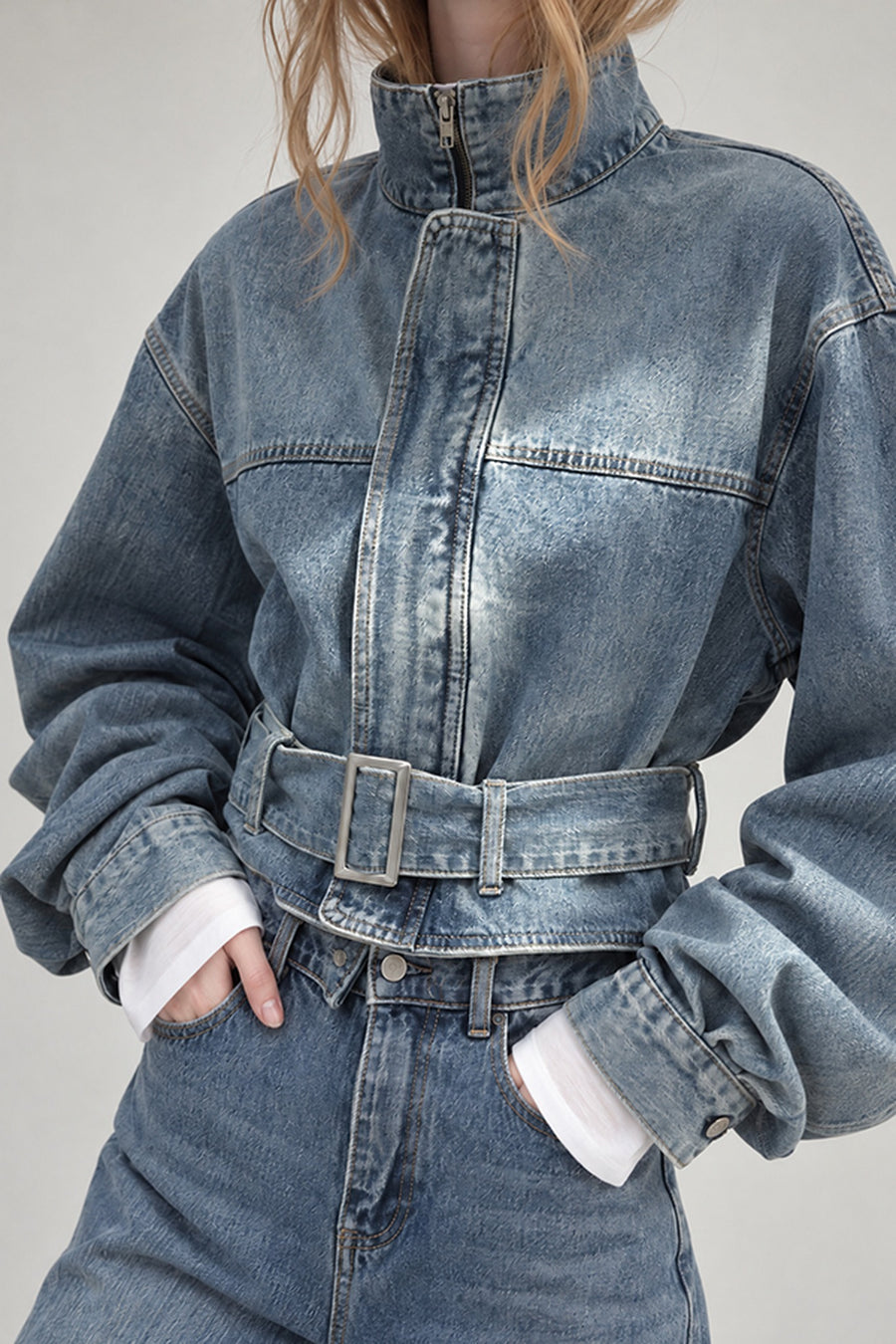 Cropped Washed Denim Jacket with Belted Waist