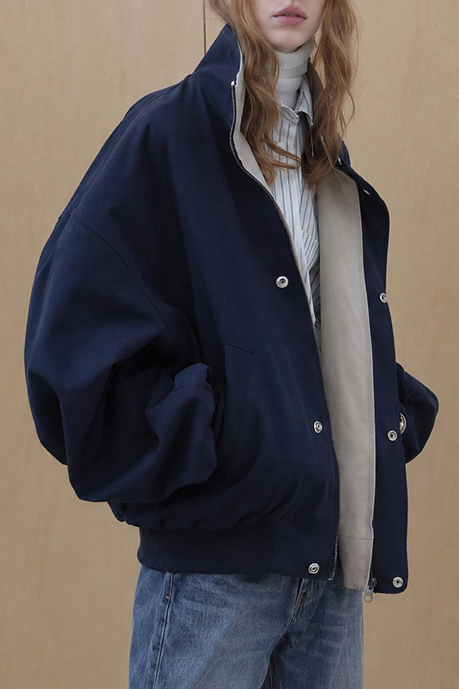 Reversible Oversized Stand Collar Bomber Jacket