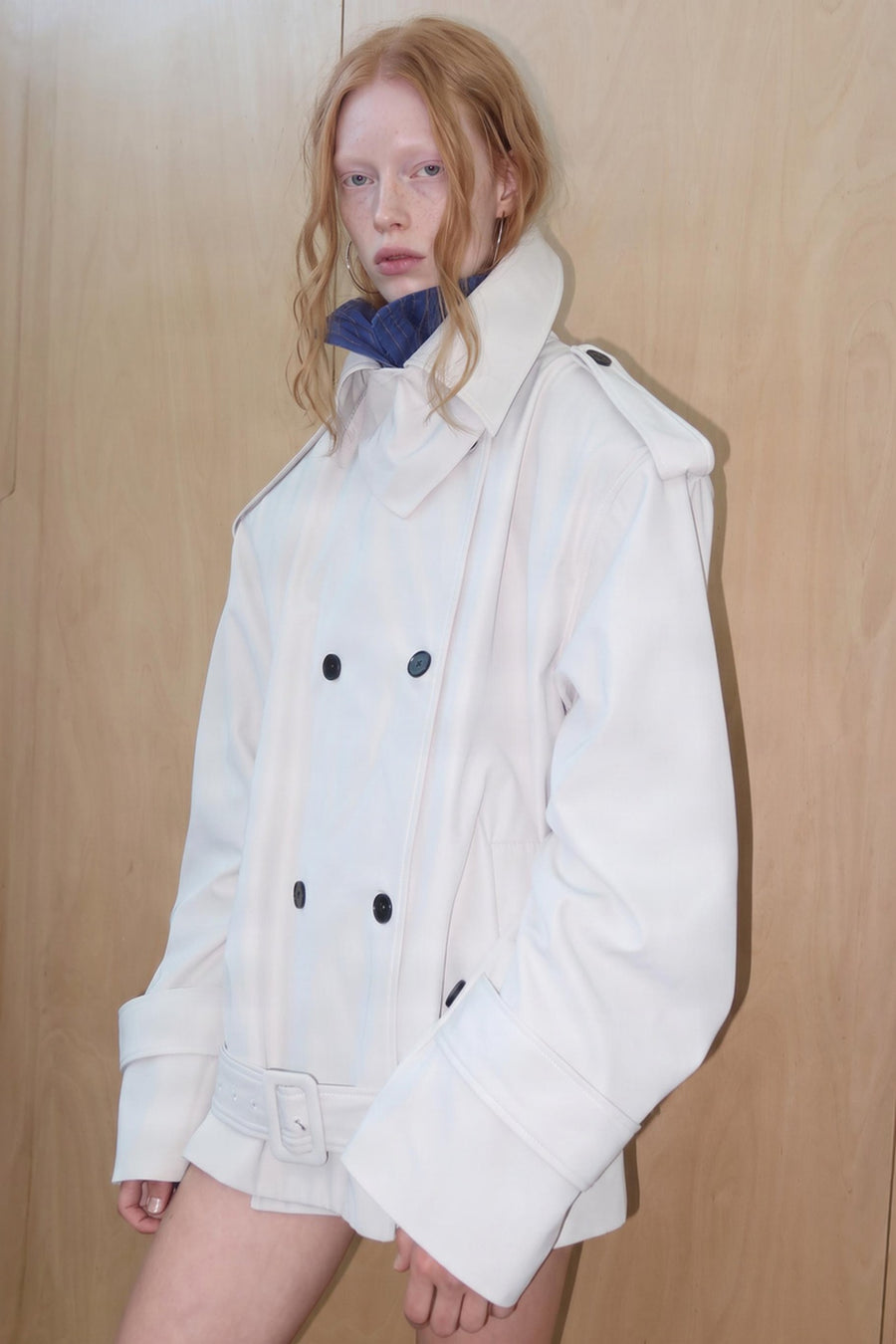 Oversized Double-Breasted Short Trench Jacket with Wide Collar