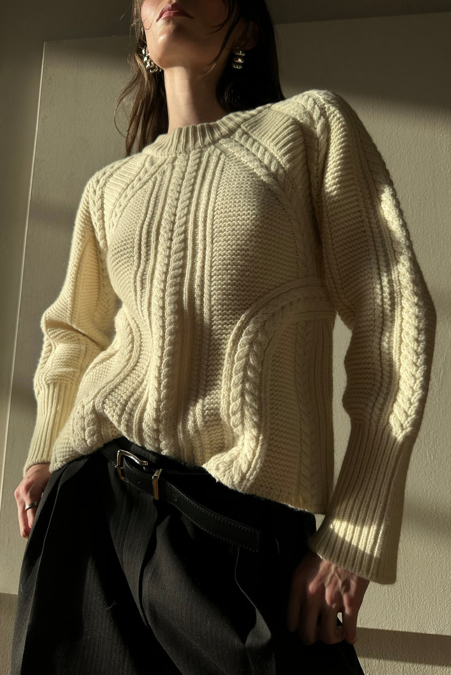 Cable Knit Crewneck Sweater - Cream
