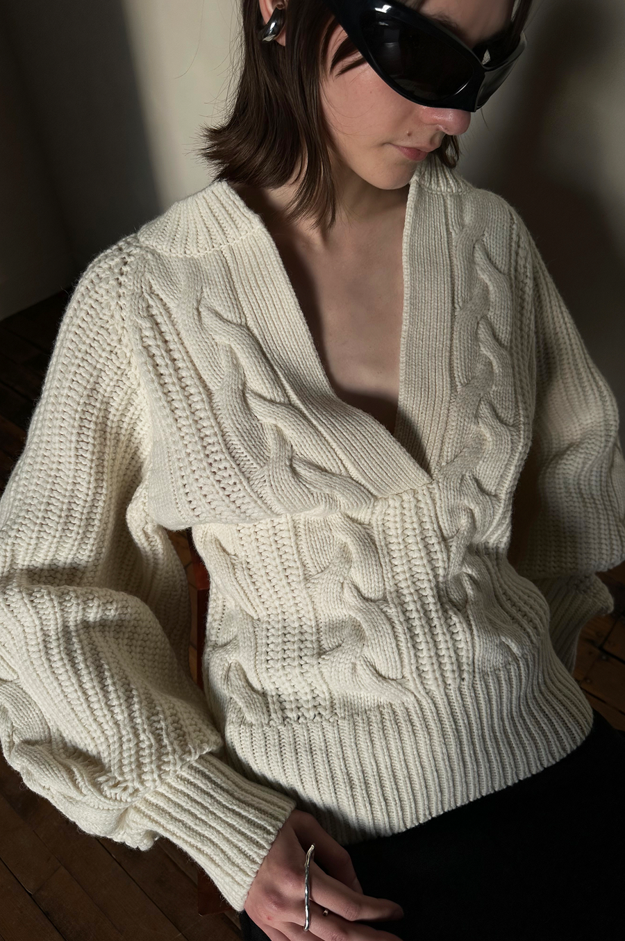 Deep Vneck Knit Sweater - White