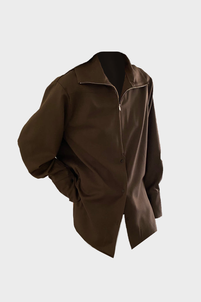 High Neck Full Zip Top - Brown