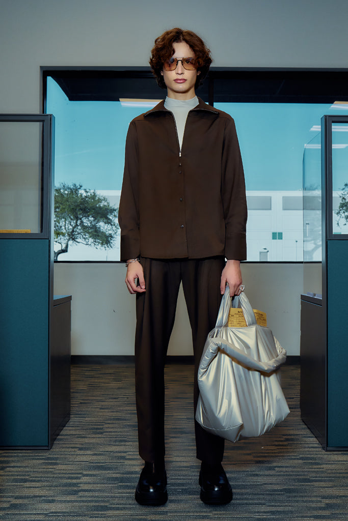 High Neck Full Zip Top - Brown