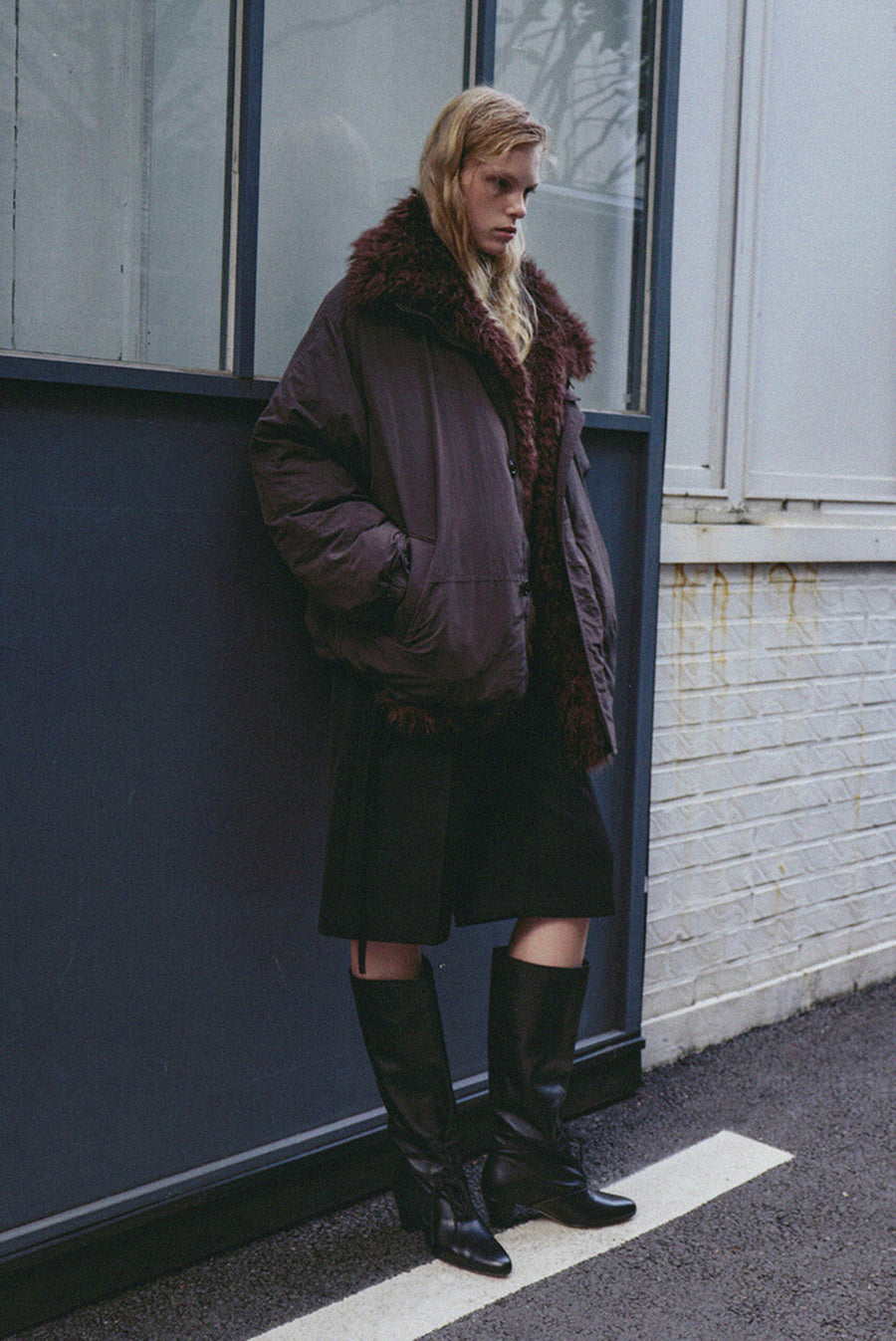 Shearling Collar Oversized Bomber Jacket - Brown