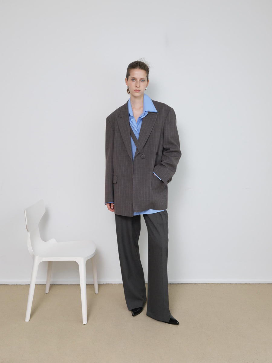 Oversized Double-Collar Pinstripe Button-Up Shirt - Blue