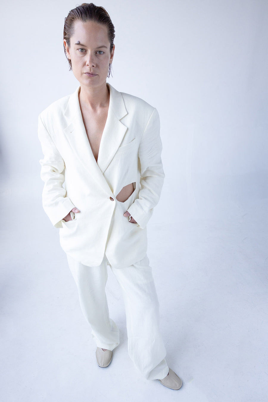 Linen Blazer with Cutout - White