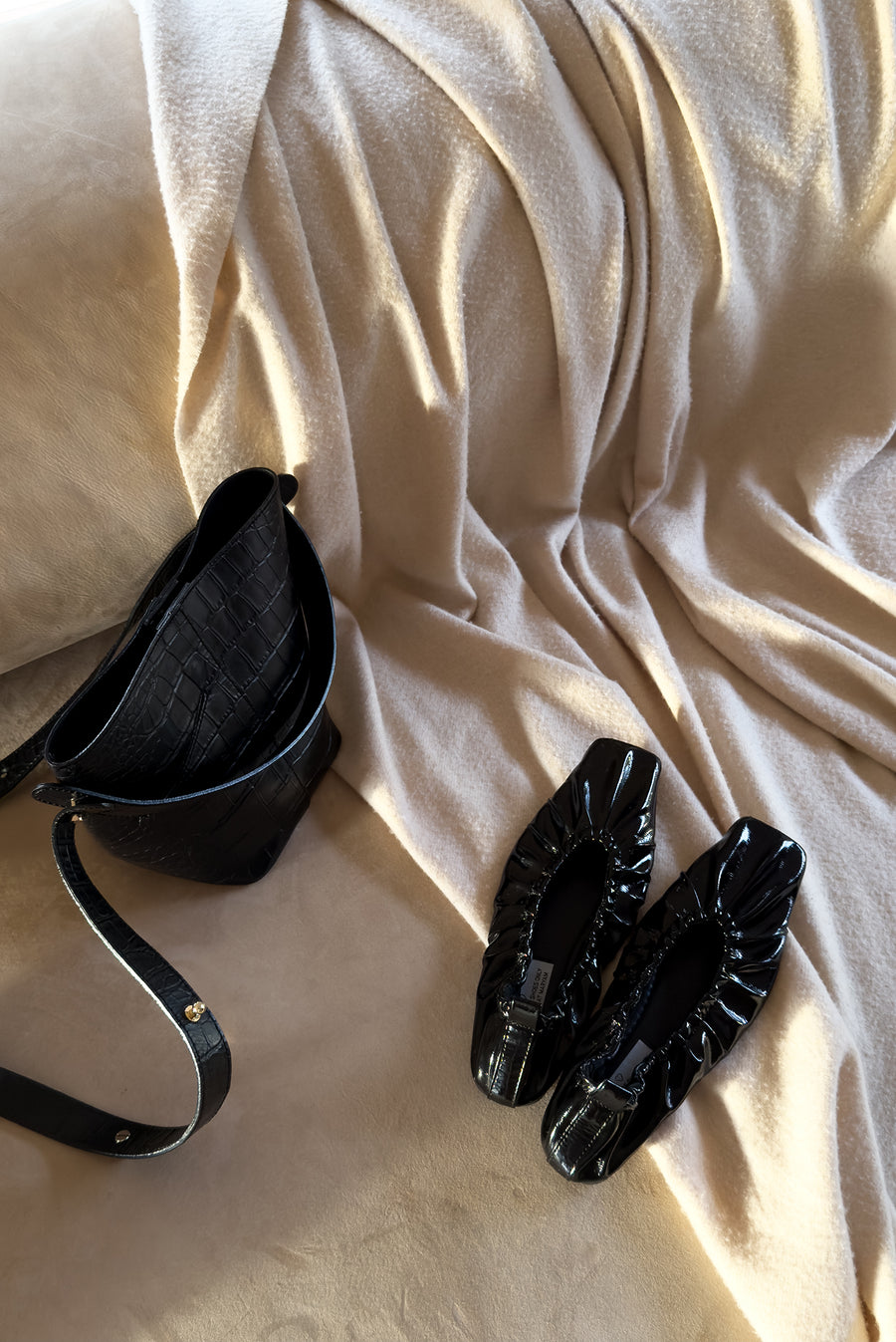 Black Patent Scrunch Ballet Flats Square Toe