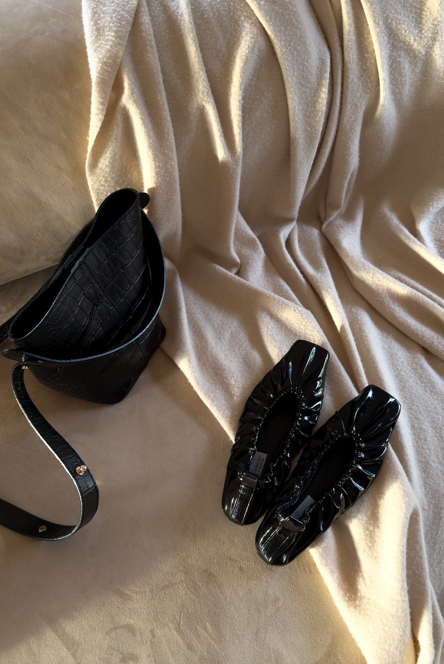 Black Patent Scrunch Ballet Flats Square Toe