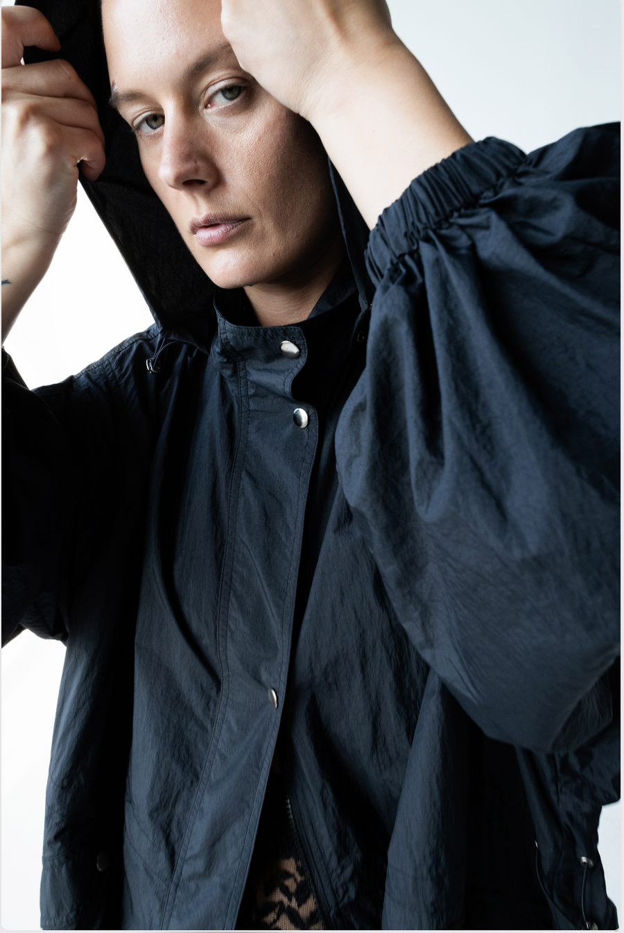 Long Waterproof Hood Jacket With Silver Buttons - Black