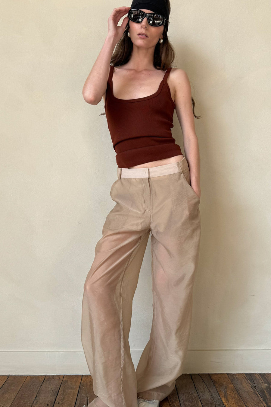 Sheer Flow Trousers with Pockets - Beige
