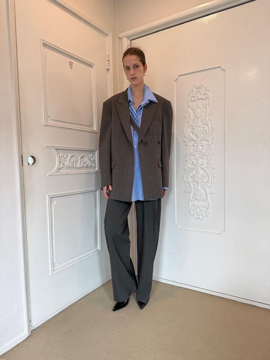 Oversized Double-Collar Pinstripe Button-Up Shirt - Blue