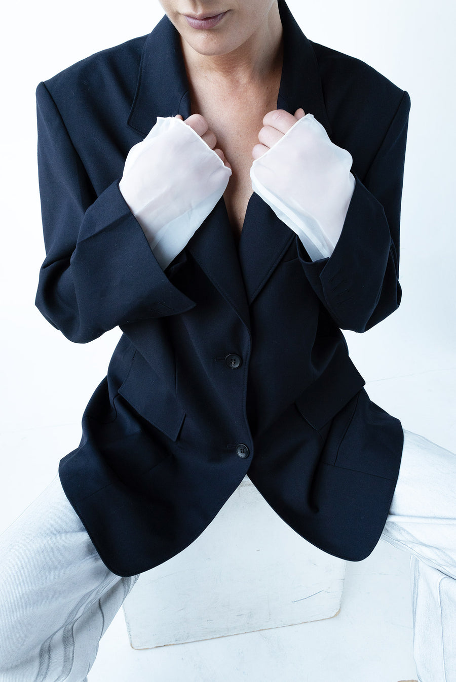 Structured Sheer Cuff Blazer - Navy
