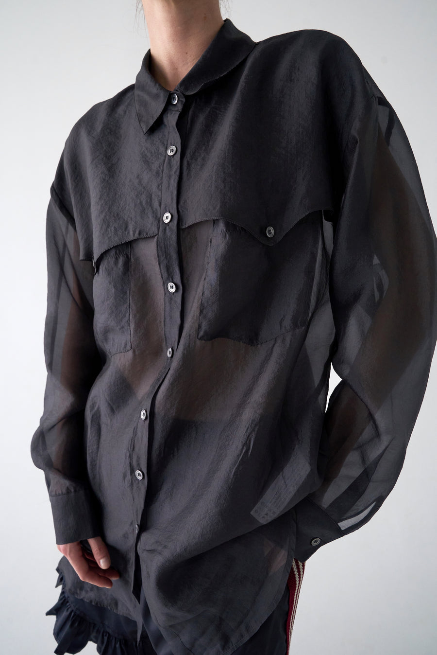 Sheer Western Button Up Blouse - Gray