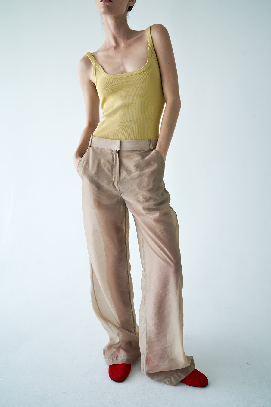 Sheer Flow Trousers with Pockets - Beige