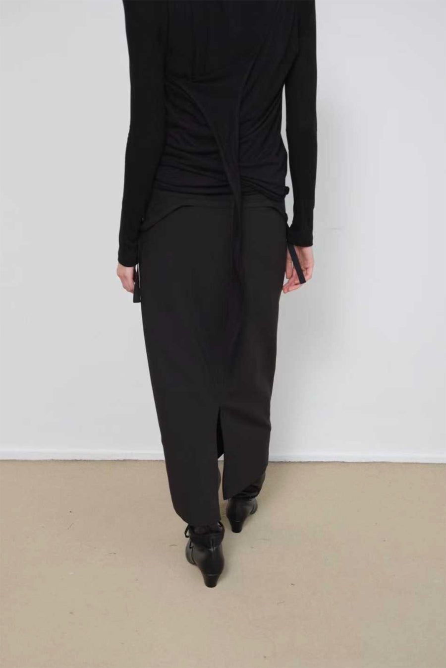 Asymmetrical Draped Tie Layered Long Sleeve Top - Black