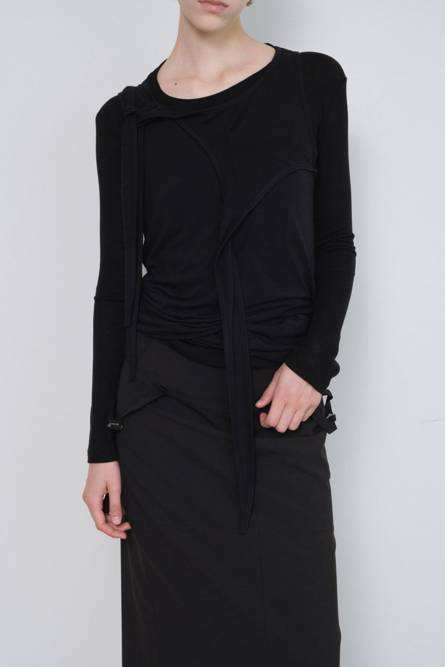 Asymmetrical Draped Tie Layered Long Sleeve Top - Black