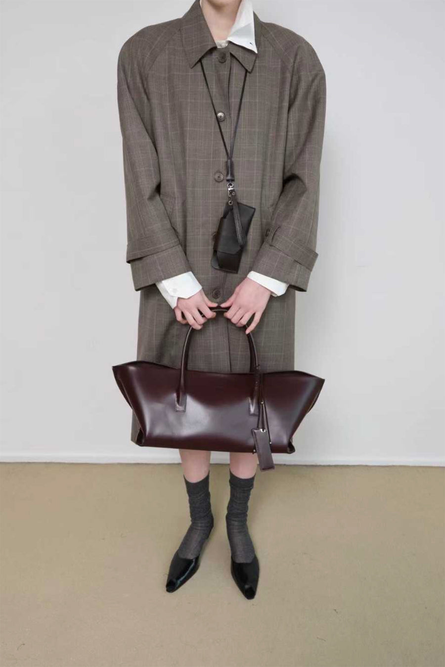 Oversized Plaid Trench Coat - Brown