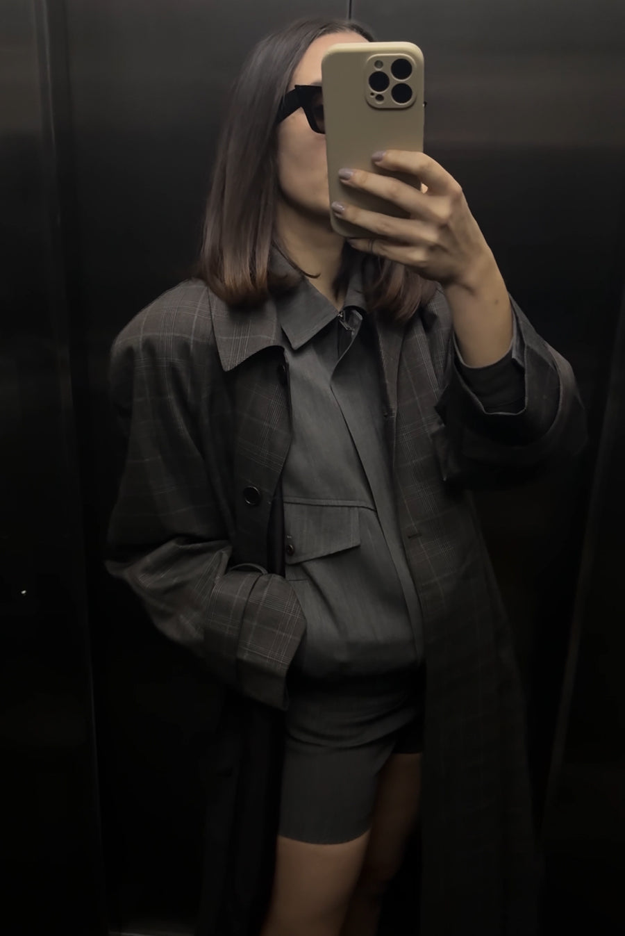 Oversized Plaid Trench Coat - Charcoal