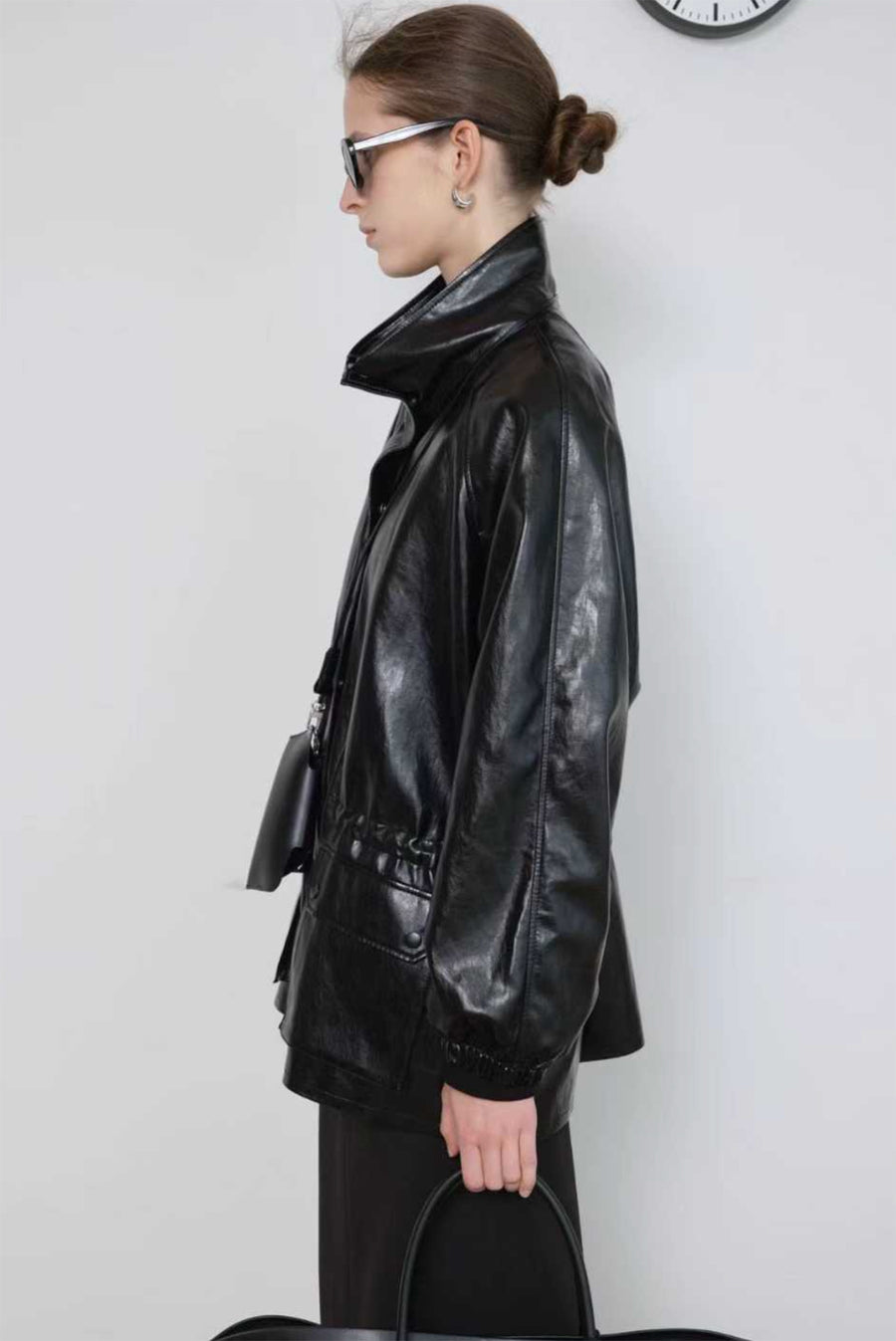 Oversized Cinched Waist Leather Jacket - Black