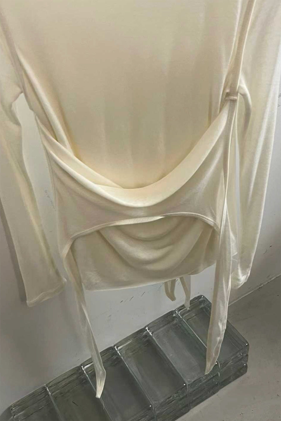Asymmetrical Draped Tie Layered Long Sleeve Top - White