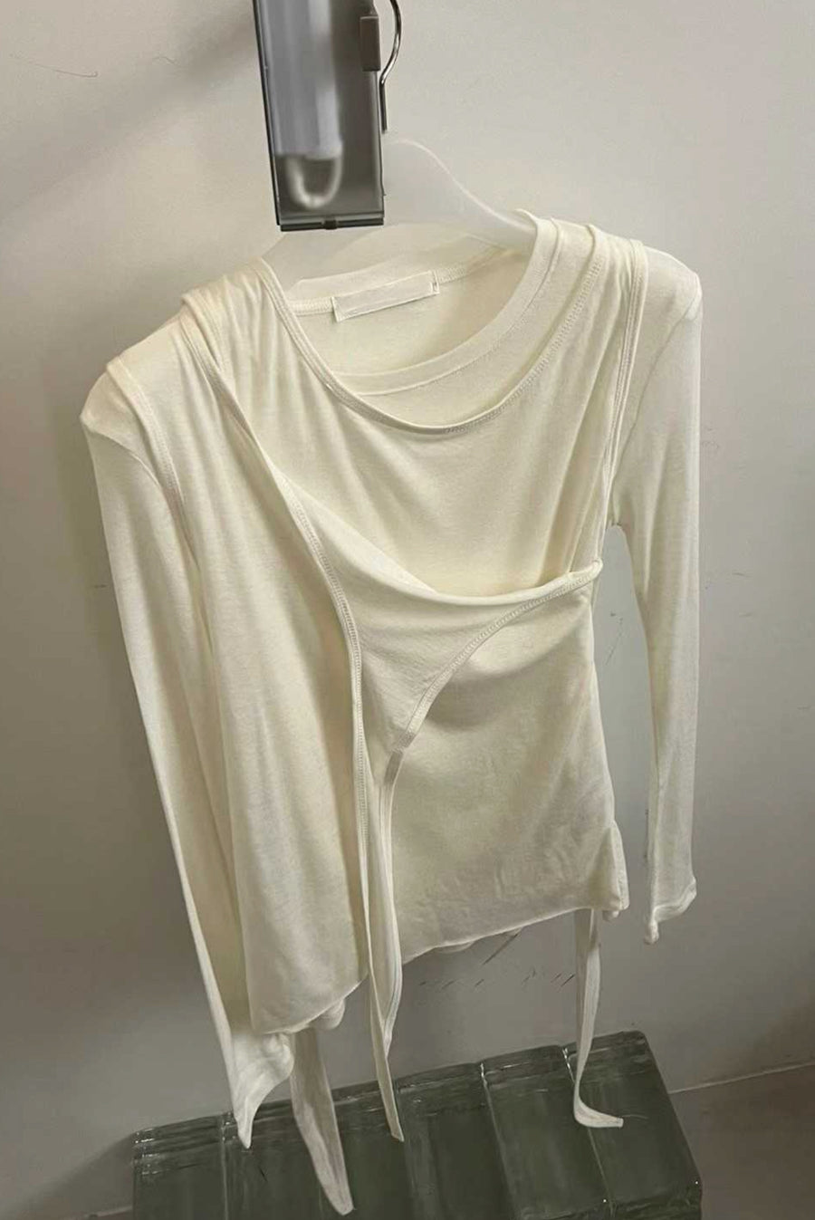 Asymmetrical Draped Tie Layered Long Sleeve Top - White