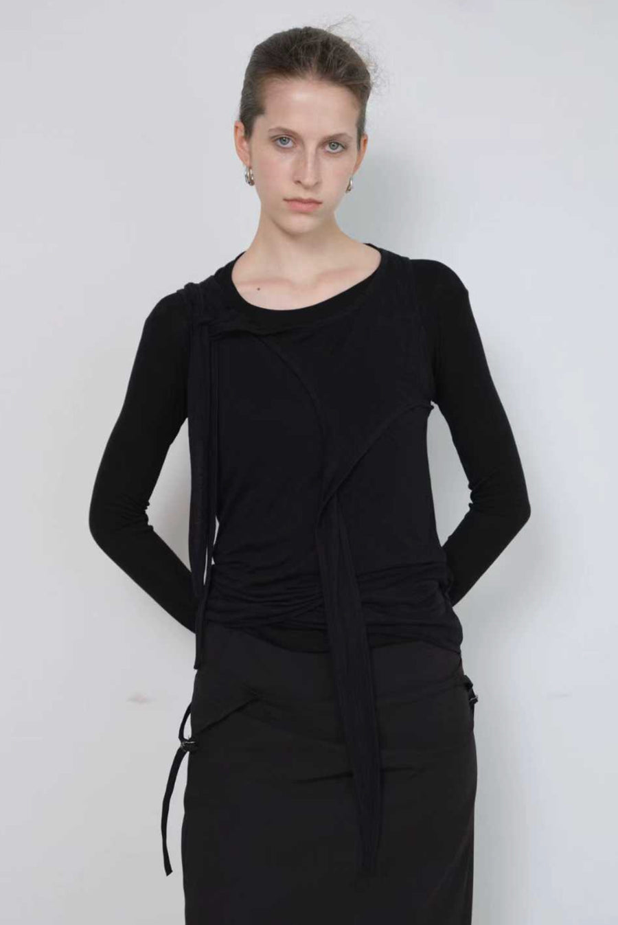 Asymmetrical Draped Tie Layered Long Sleeve Top - Black