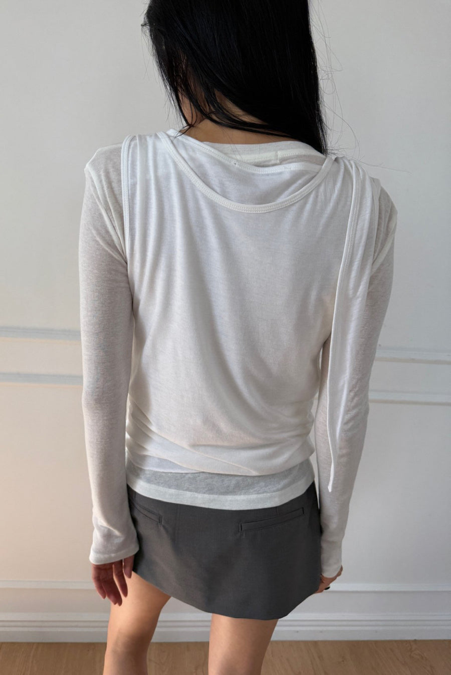 Asymmetrical Draped Tie Layered Long Sleeve Top - White