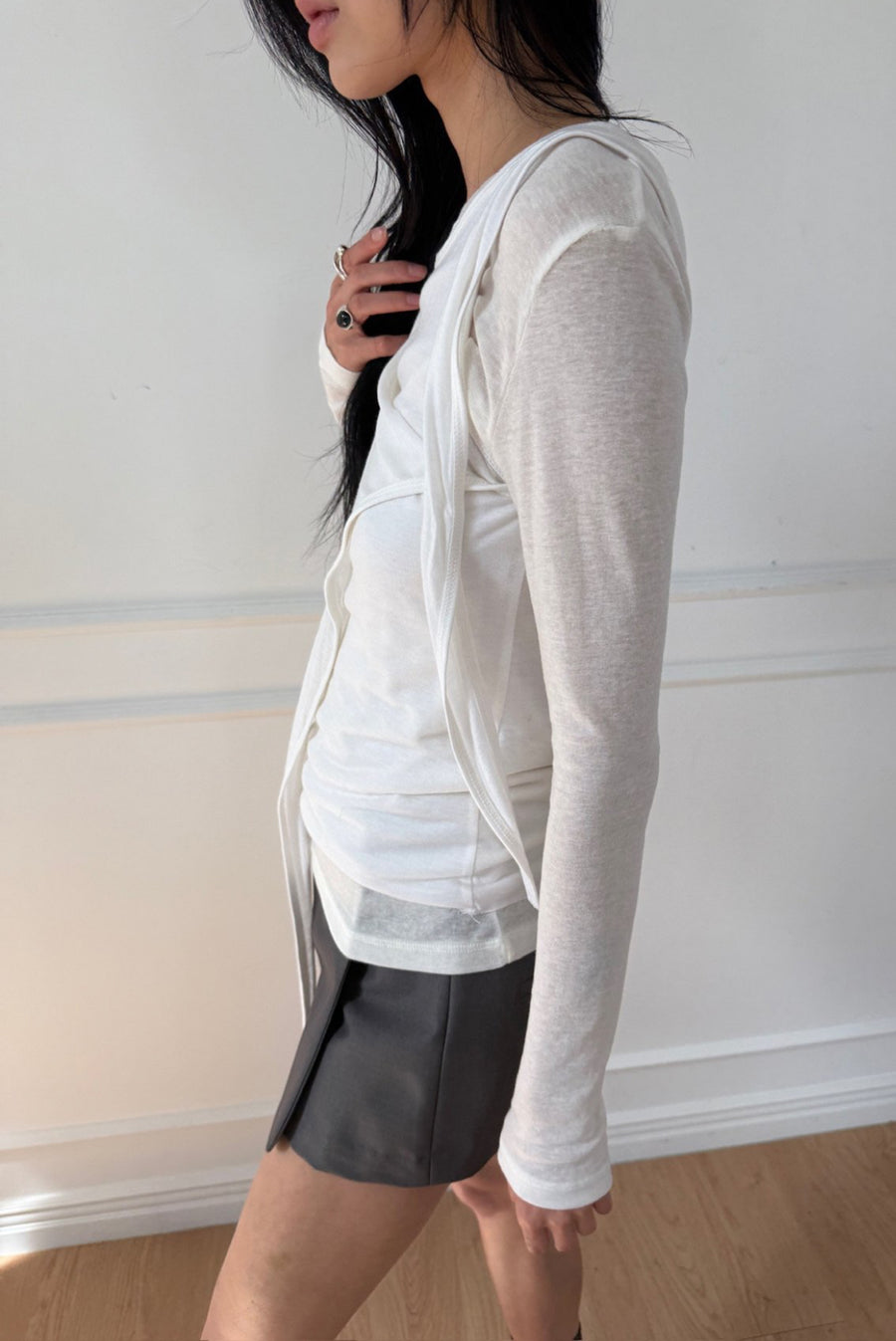 Asymmetrical Draped Tie Layered Long Sleeve Top - White
