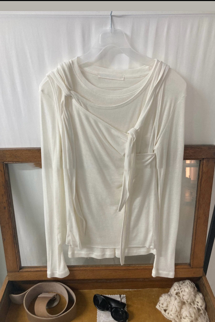 Asymmetrical Draped Tie Layered Long Sleeve Top - White