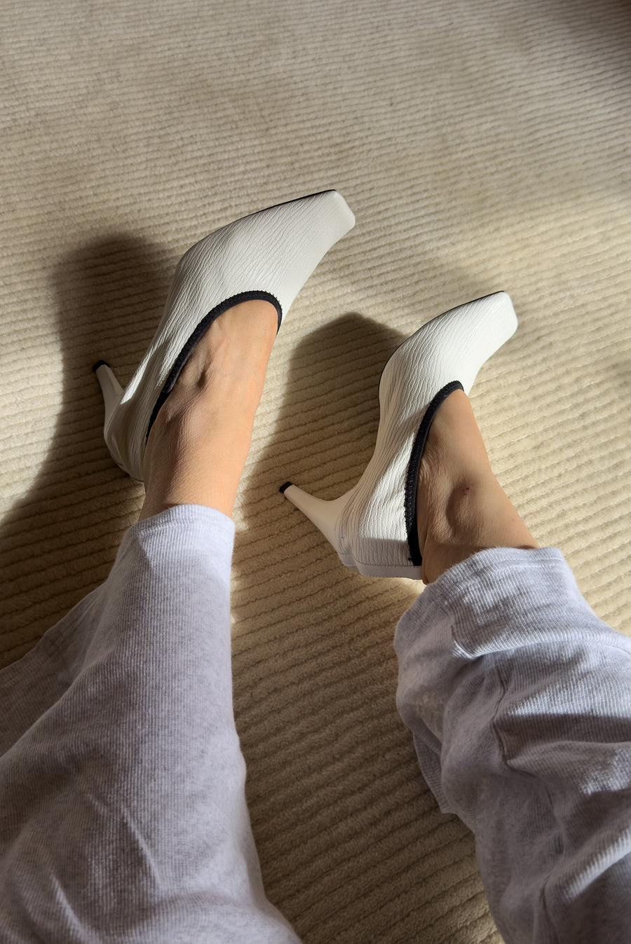 Textured Square Toe Sculpted Heel - White
