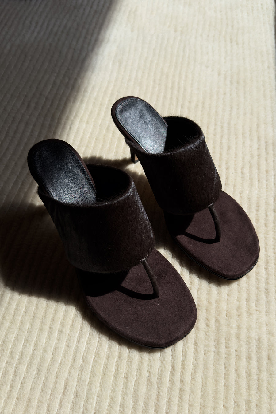 Pony Hair Square Toe Heeled Thong Sandals