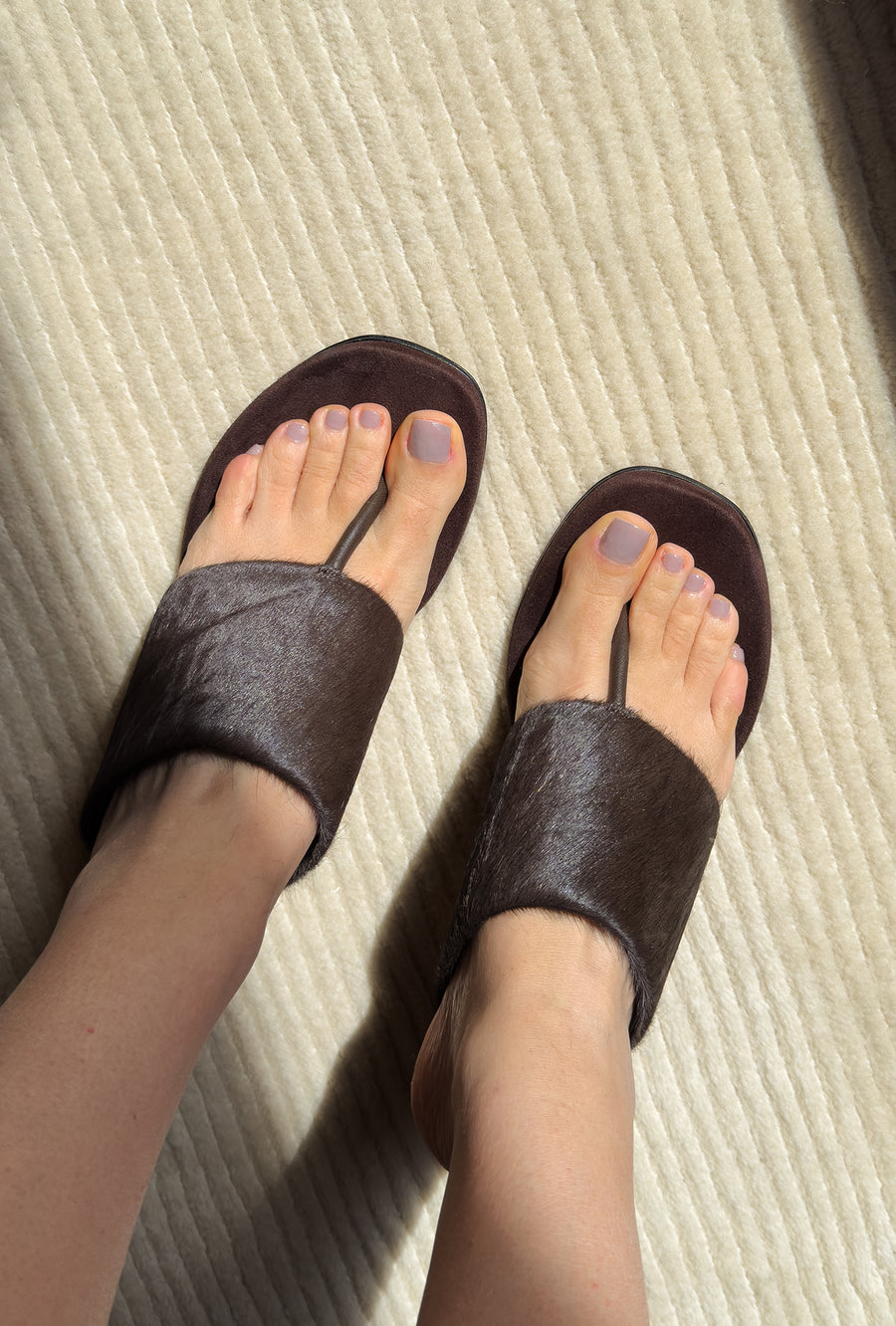 Pony Hair Square Toe Heeled Thong Sandals
