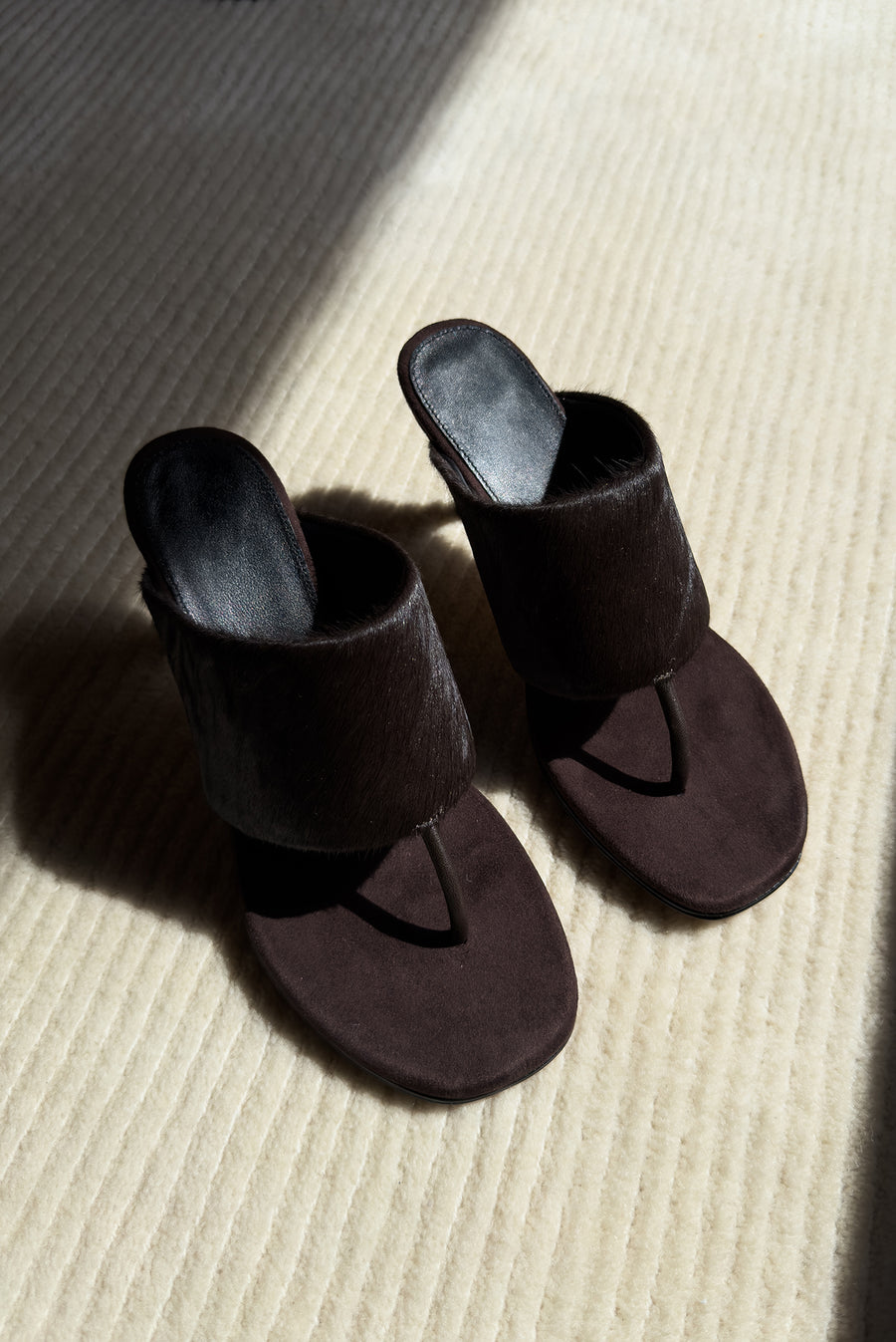Pony Hair Square Toe Heeled Thong Sandals