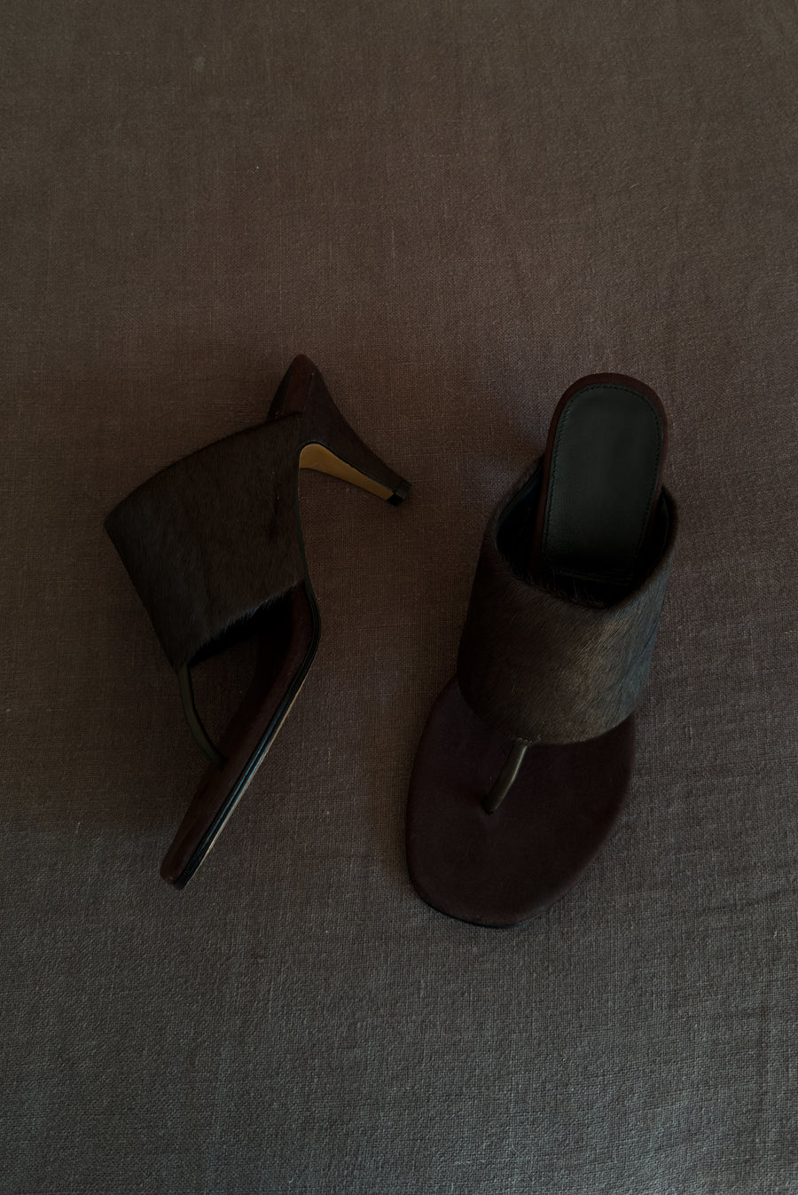 Pony Hair Square Toe Heeled Thong Sandals