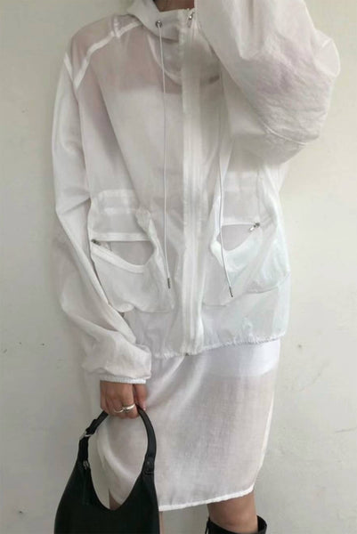 Sheer Hooded Windbreaker, Large Pockets - White – Simonett