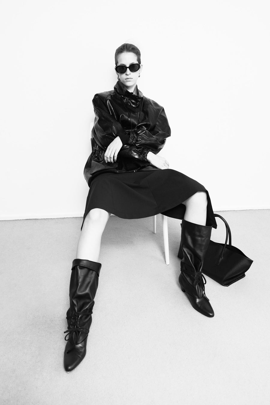 Oversized Cinched Waist Leather Jacket - Black
