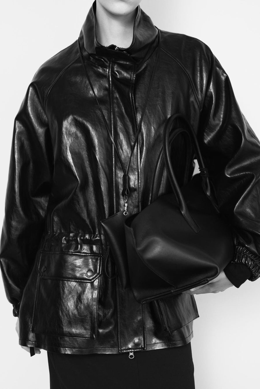 Oversized Cinched Waist Leather Jacket - Black