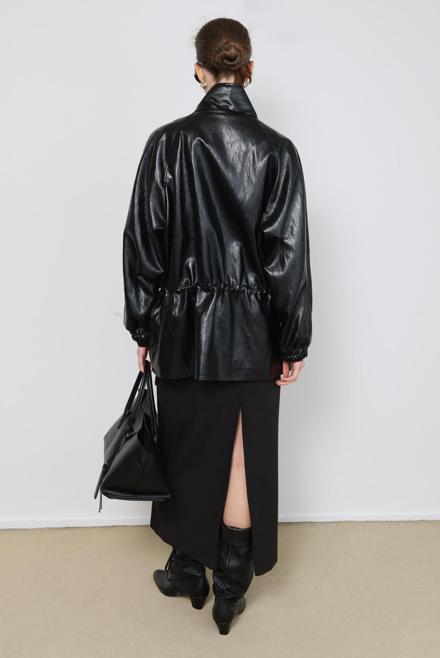 Oversized Cinched Waist Leather Jacket - Black