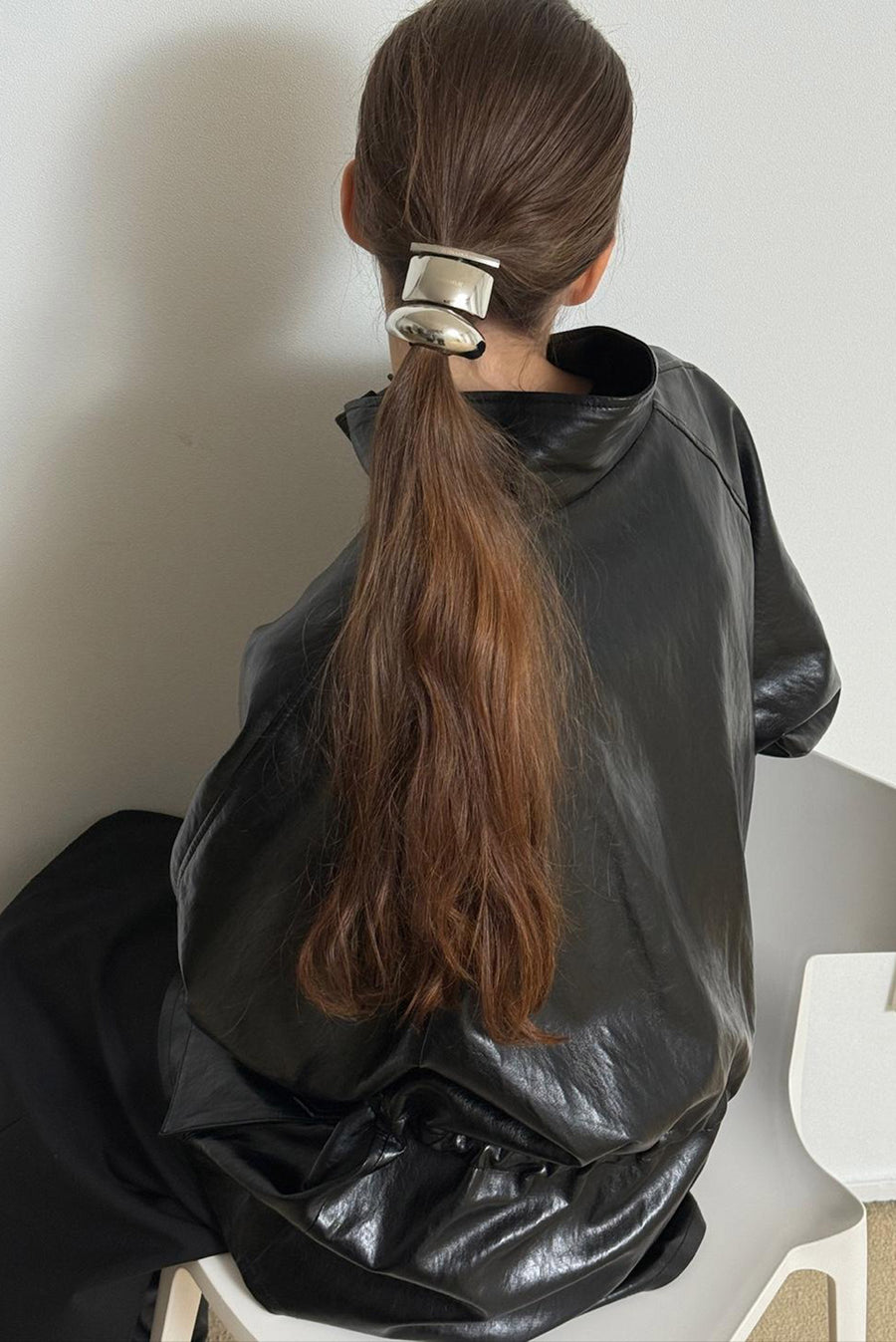 Oversized Cinched Waist Leather Jacket - Black