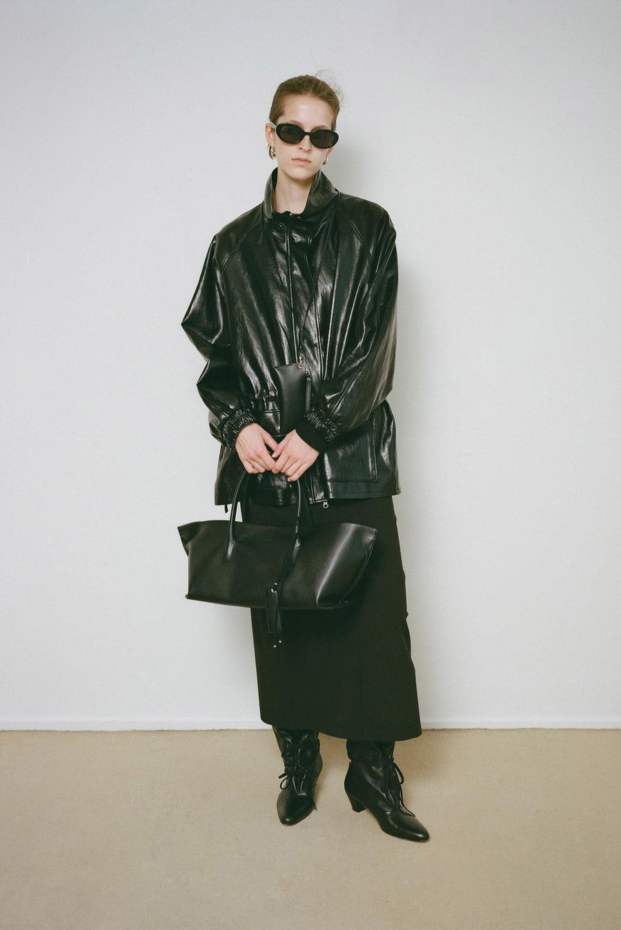 Oversized Cinched Waist Leather Jacket - Black