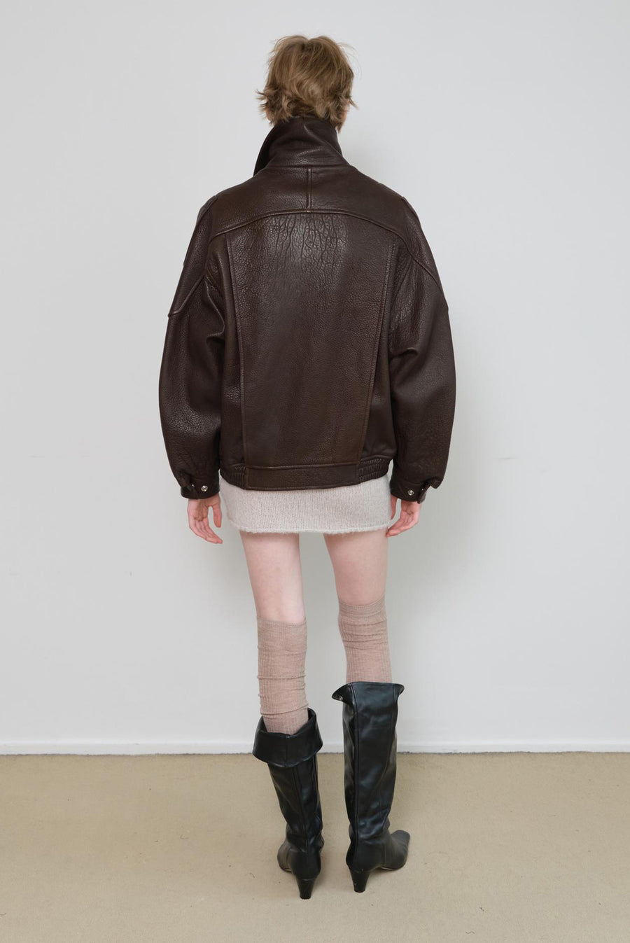 High-Collar Oversized Pebbled Leather Jacket - Brown