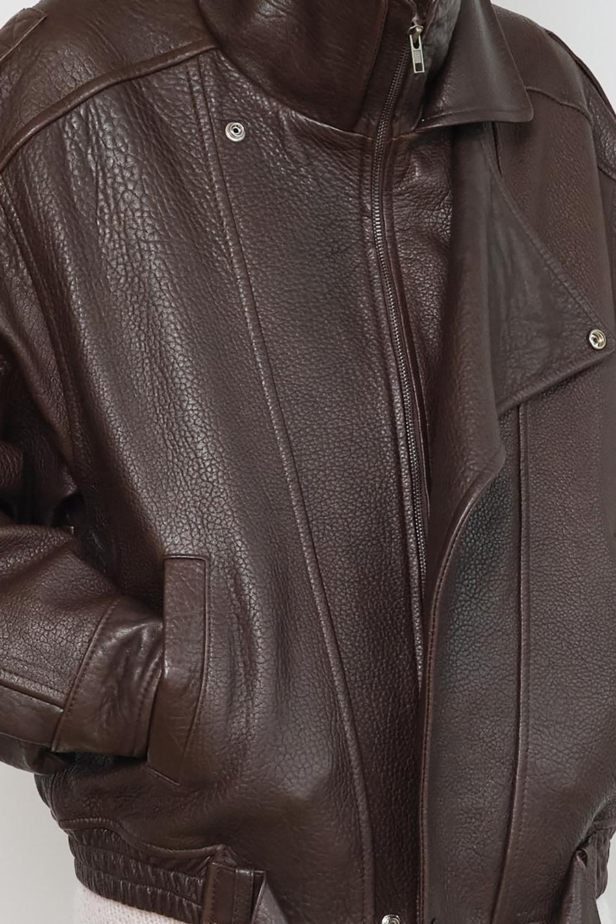 High-Collar Oversized Pebbled Leather Jacket - Brown