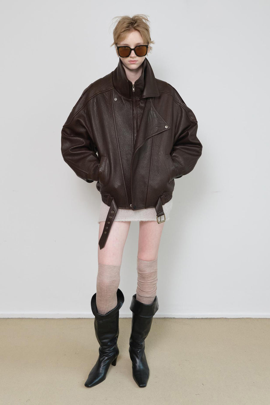 High-Collar Oversized Pebbled Leather Jacket - Brown