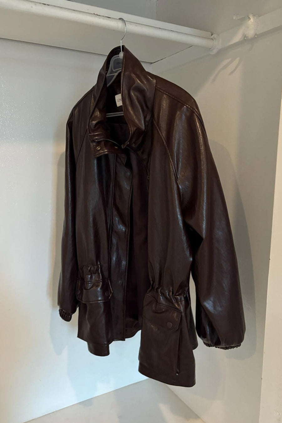 Oversized Cinched Waist Leather Jacket - Burgundy